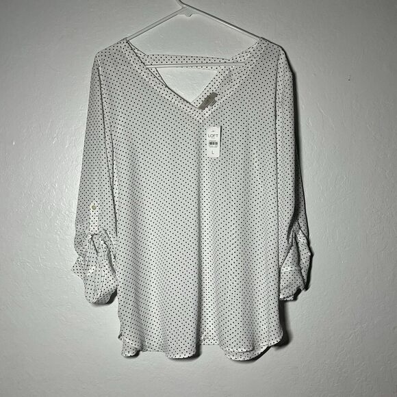 Ann Taylor LOFT Blouse Size Large White Polka Dot Roll Tab Sleeve V Neck NWT - Picture 1 of 12